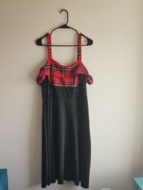 Black Midi Dress with Red Plaid Bodice